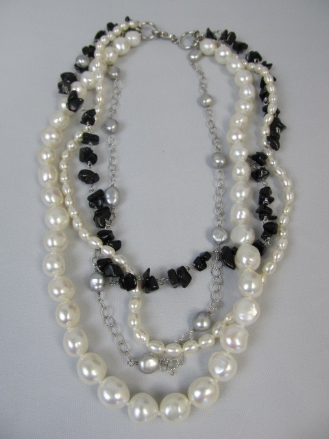 lot 182 image: HONORA Multi Strand Pearl & Onyx Necklace