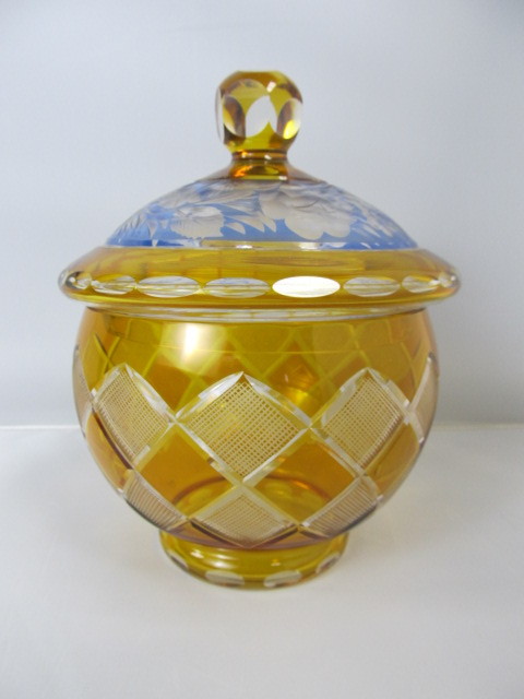 lot 3 image: BEAUTIFUL Antique Yellow & Blue Cut-To-Clear Lidded Candy Jar