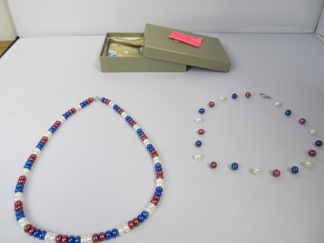lot 168 image: 2 HONORA Red, White & Blue Genuine Pearl Necklaces