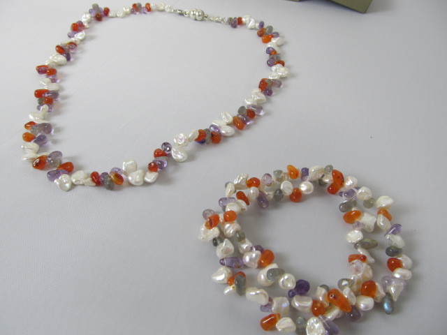 lot 164 image: HONORA Genuine Pearl & Sterling Silver Necklace Bracelet & Earrings
