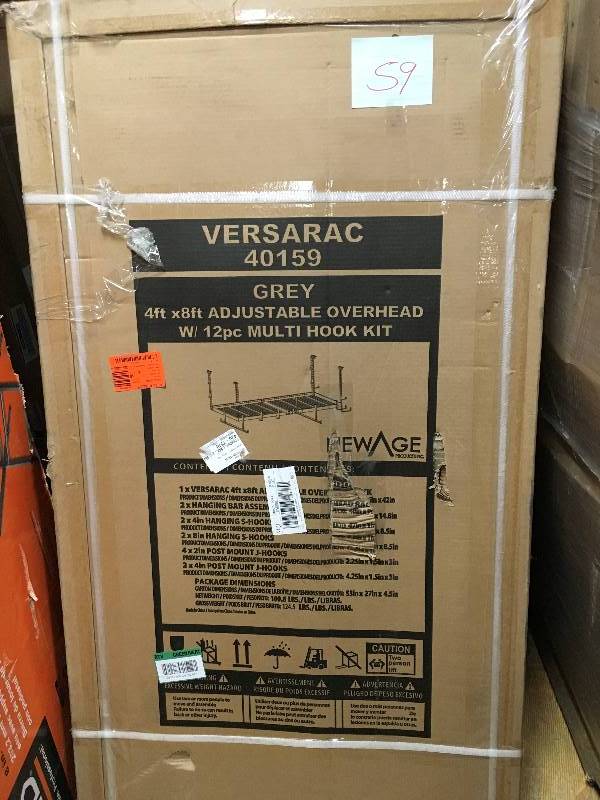 lot 59 image: NewAge Products Versarac 96in. L x 48 in. W x 42 in. H Adjustable Ceiling Storage Rack with 12- Piece Hooks in Gray New