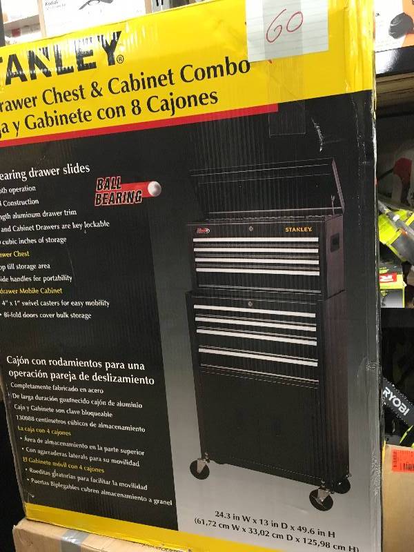 lot 60 image: Stanley 24 in. W 8 Drawer Tool Chest and Cabinet Combo , Dark Gray open box not used