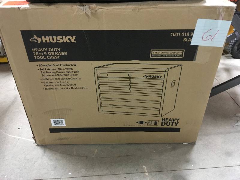 lot 61 image: Husky 26 in. 9 Drawer Tool Chest in Black  not used