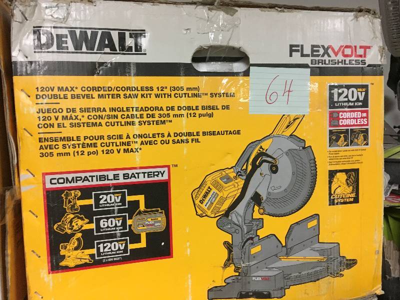 lot 64 image: DeWalt Flexvolt  Brushless 120 Volt Max Corded  Cordless 12 in. Double Bevel Miter Saw Tool Only  with Cutline Systemlike new