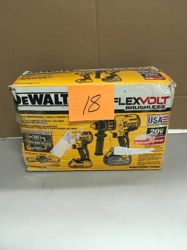 lot 18 image: Dewalt DCK299D1T1 Kit includes DCD996 20V MAX 12 3-Speed Hammerdrill and DCF887 20V MAX 14 3-Speed Impact Driver. This kit comes with one 60V MAX Flexvolt lithium ion battery, one 20V MAX XR lithium ion compact battery and fast charger
