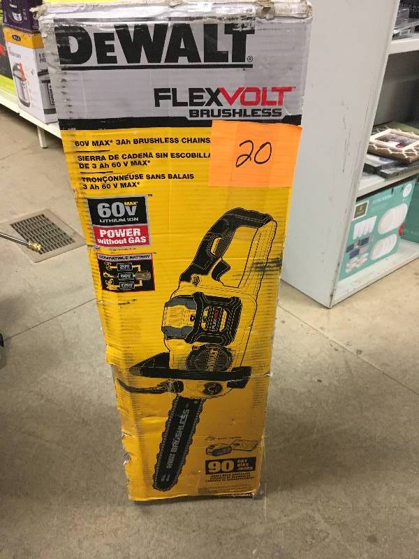 lot 20 image: DeWalt 60 Volt 3.0 Ah FLEXVOLT Cordless Lithium-Ion Brushless 16 in. Chainsaw open box not used