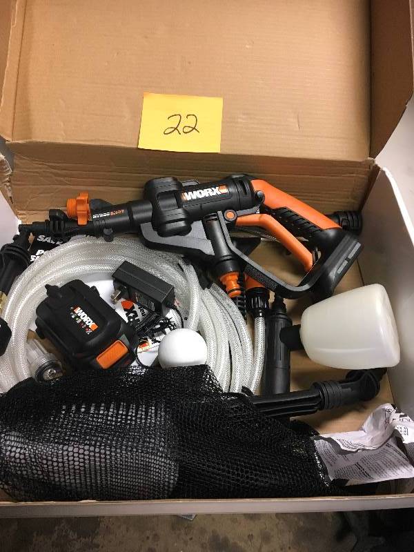 lot 22 image: WORX 320 PSI 20 Volt Lithium-Ion HydroShot 0.5 GPM Portable Power Cleaner Bundle in like new condition