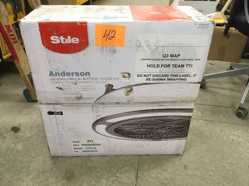 lot 42 image: Stile Anderson 22 in. IndoorOutdoor Brushed Nickel Ceiling Fan open box not used