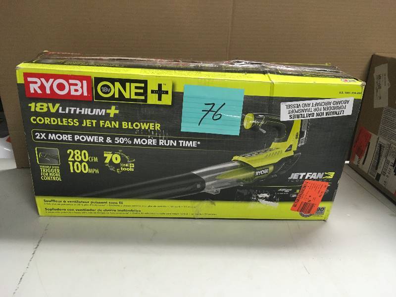 lot 76 image: Ryobi One  18 Volt Lithium - Ion Jet Fan Blower 4Ah Battery and Charger Inculded not used