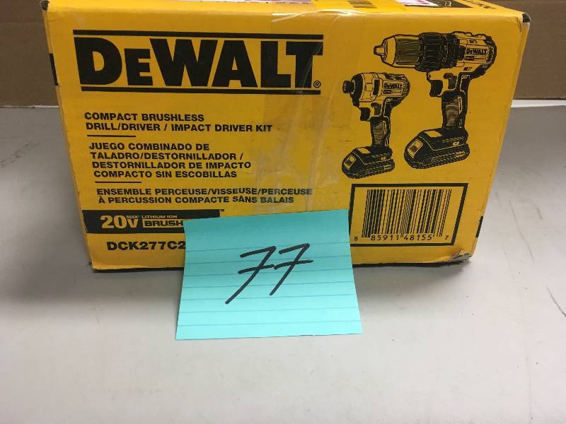 lot 77 image: DeWalt 20V MAX  Compact Brushless DrillDriver  Impact Driver Combo Kit not used