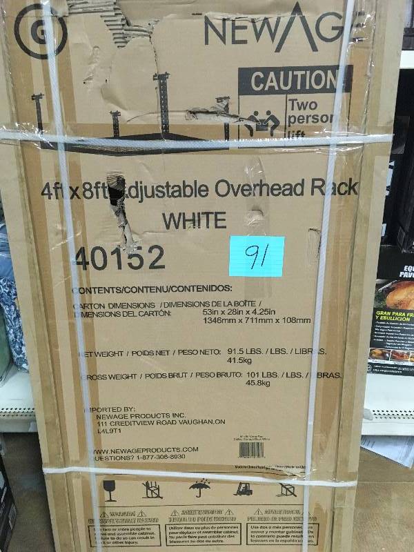 lot 91 image: NewAge Products Performance 96 in. L x 48 in. W x 42 in. H Adjustable VersaRac Ceiling Storage Rack in White new