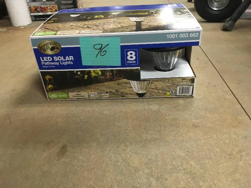 lot 96 image: Hampton Bay  Solar Black Outdoor Intergrated LED andscape Path Light with Ribbed Pattern Glass Lens (8-Pack) new
