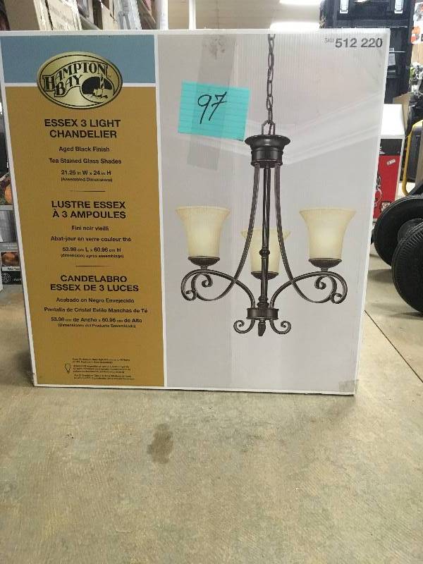 lot 97 image: Hampton Bay Essex 3 Light Chanderlier  Aged Black Finish - Tea Stained Glass Shades new
