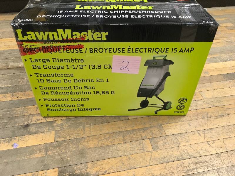 lot 2 image: LawnMaster 1-5 in. 15 Amp Electric ChipperShredder open box not used