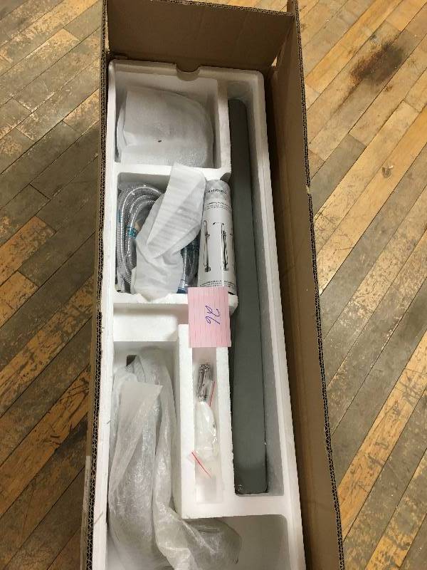 lot 26 image: AKDY 1-Handle Freestanding Floor Mount Roman Tub Faucet Bathtub Filler with Telephone Hand Shower in Chrome open box not used