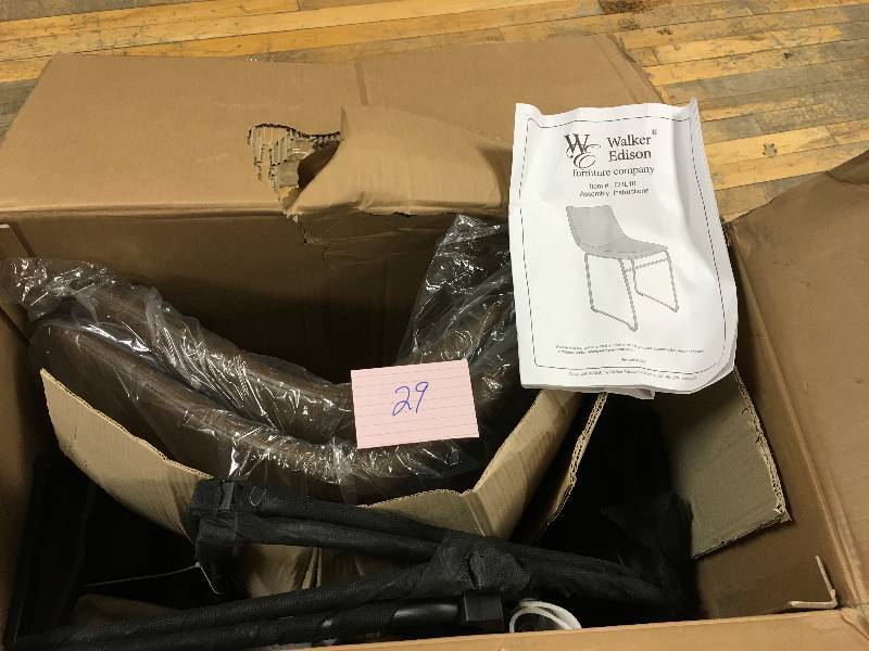 lot 29 image: Walker Edison Furniture Company Wasatch Brown Faux Leather Dining Chair (Set of 2) open box not used