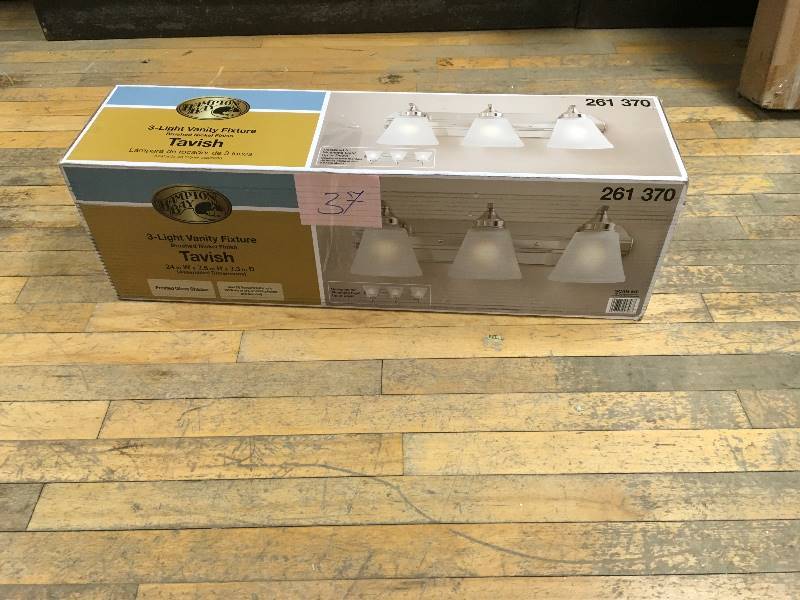 lot 37 image: Hampton Bay 3-Light Brushed Nickel Vanity Light with Frosted Shades-HB2076-35