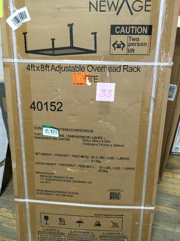 lot 88 image: New Age 4 ft x 8 ft Adjustable Overheaad Rack - White - Open Box Never Used