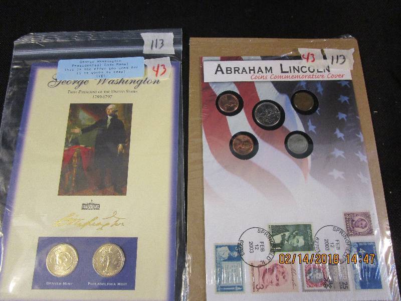 lot 43 image: Washington Dollars and Lincoln Coins and Stamps