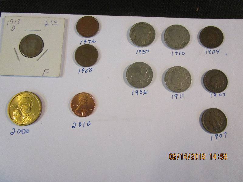 lot 45 image: 1913 D Wheat Penny 1903, 1904, 1907 IHP, 1955 Wheat Penny, 1936, 1937 Buffalo Nickels, 1910, 1911 V-Nickels, 2000 Sacagawea Dollar and 5 Cent Norge