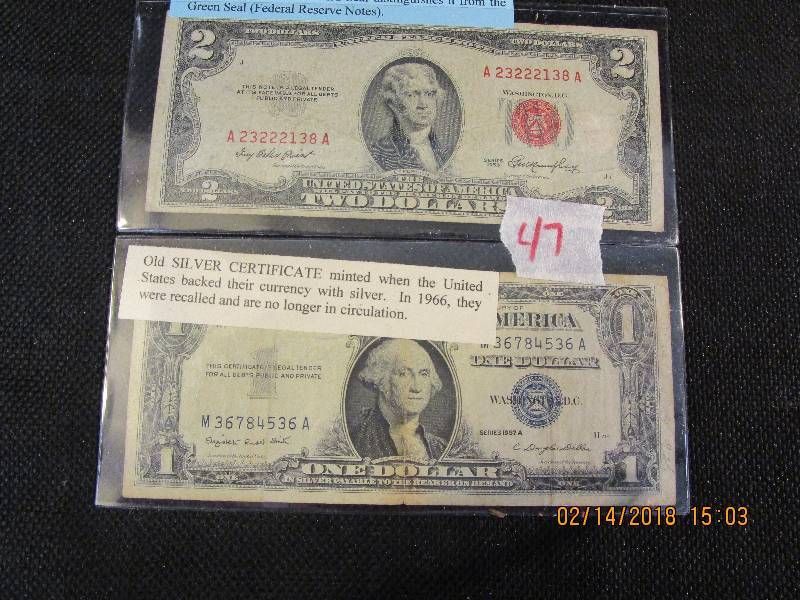 lot 47 image: 1952 $2.00 Red Seal Note and 1957$1.00  Blue Seal Silver Certificate