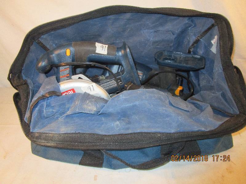 lot 70 image: RYOBI Tool Set Drill, Skil Saw, Sawall, Flashlight and Battery Set in bag, one battery and charger Tested and Works
