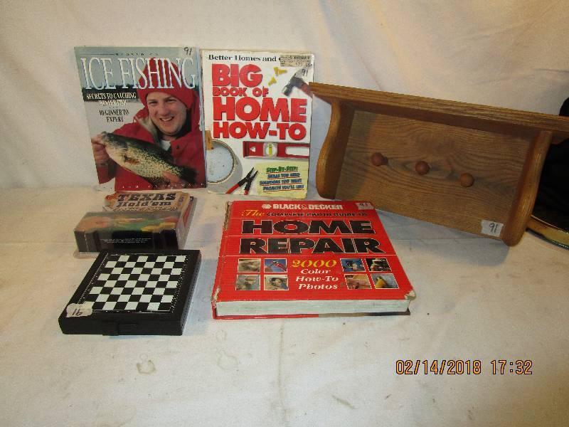 lot 72 image: Books, Ice Fishing, Home how to do  and home repair, Car game, Texas Holdem Chips, Shelf