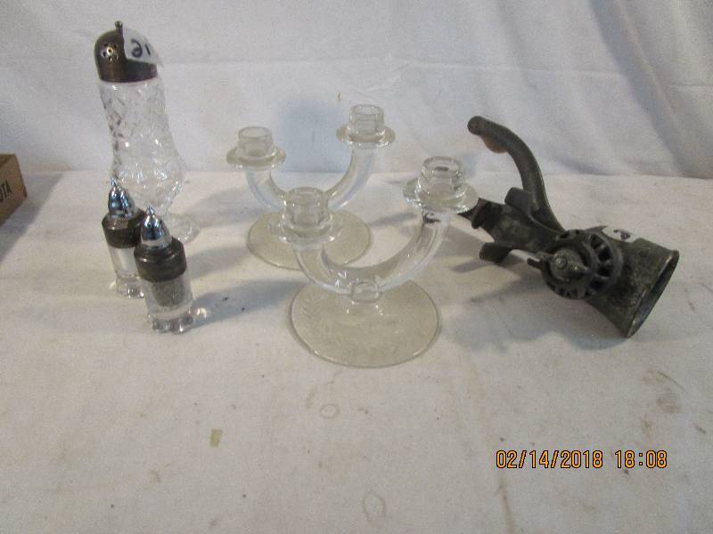 lot 82 image: Old Salt and Pepper, Candle Holders and Grinder