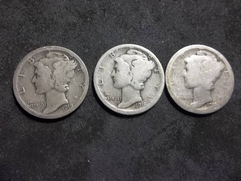1918 P,D,S Mercury Dimes