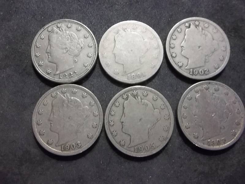 6-V Nickels 1883, 1891, 1902,1903, 1905, 1907