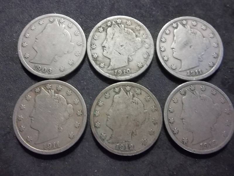 6-V Nickels 1903, 1910, 1911, 1911, 1912, 1912 D
