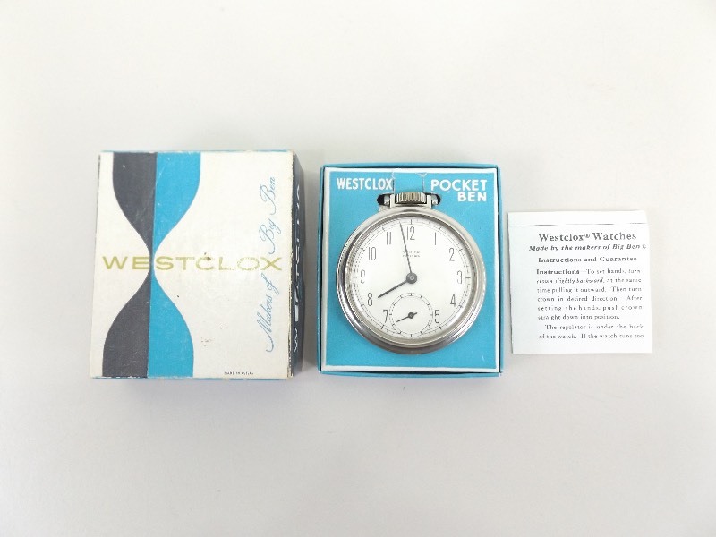 lot 1 image: Vintage Westclox Pocket Ben Pocket Watch with Original Box