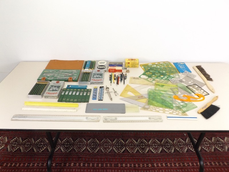 lot 36 image: Large Lot of Vintage Drafting Supplies, Compasses, Leads, etc.