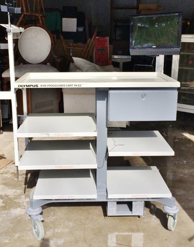 Olympus Evis TK-E2 Heavy Duty AV Medical Clinic Hospital Endoscopy Mobile Procedure Medical Cart With Coby 15 HDTV Monitor & Drawer - Great For The Garage Or Mobile Electronic Equipment