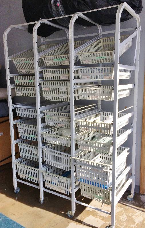 Retails New $2800 Industrial CablesFittings Or Medical Supply Mobile Basket Drawer Shelving Bins Kanban Storage & Organizing Portable Galvanized Powder Coated Hygienic Steel Racks - Each Basket Can Hold 88lbs Of Tools - Excellent Condition