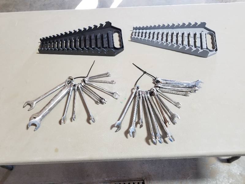 lot 3 image: Set of assorted used standard and metric wrenches along with 2 squares, planer and toolbox