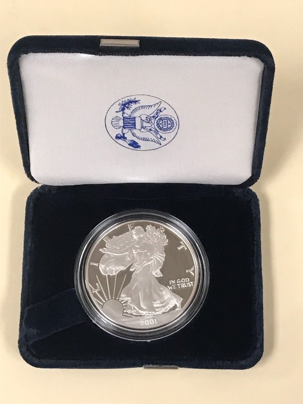 lot 42 image: 2001-W Silver American Eagle Dollar...