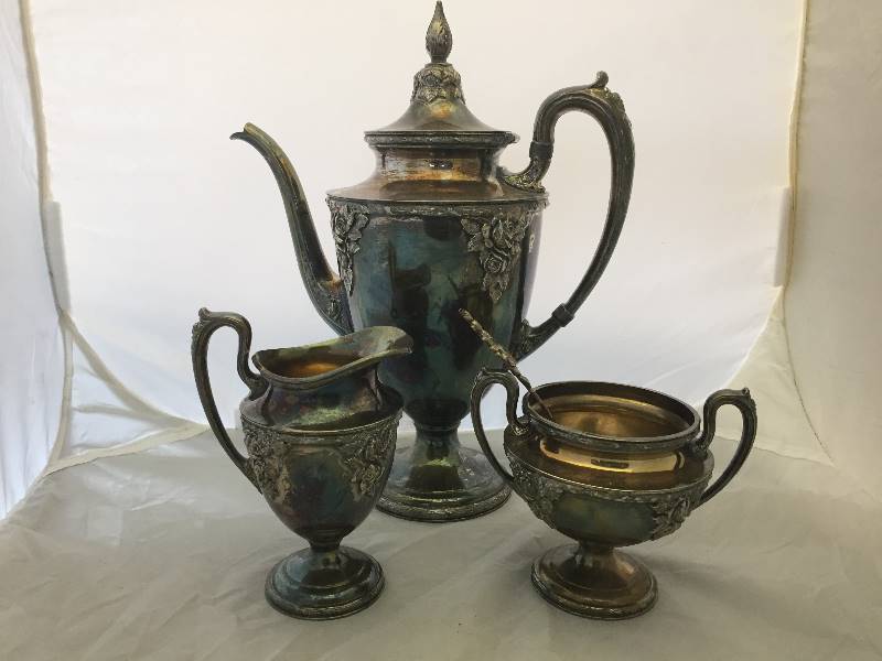 lot 13 image: Silver Coffee Service - Creamer Sugar Coffee Tea Pot
