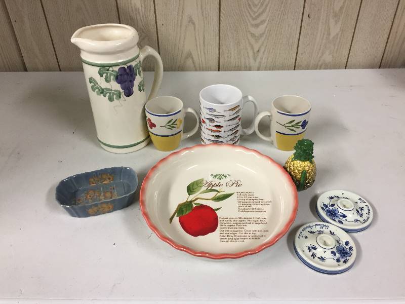 lot 32 image: Ceramic Dishware - Pitcher, mugs, pie plate, more
