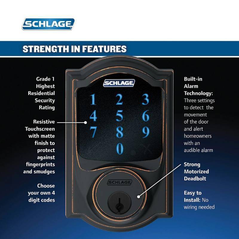 lot 16 image: Schlage Camelot Aged Bronze Connect Smart Lock with Alarm and Left Handed Accent Lever Handleset Qty. 2