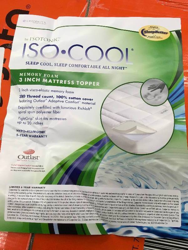 lot 475 image: CARP ISOTONIC 3 MATTRESS TOPPER, TWIN XL, MSRP $139.99