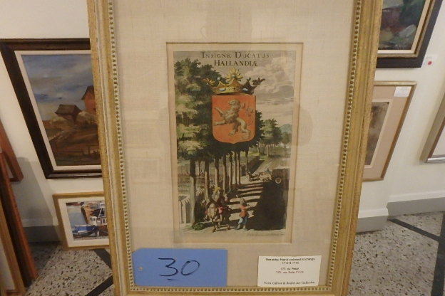 lot 30 image: Pair of Hand Colored Heraldry Etchings, actually from the 1700s, 13 X 17