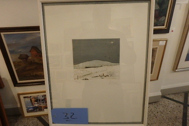 lot 32 image: West ND Farm Yard on Gray Day, original etching, 1982,28150, 14 X 18