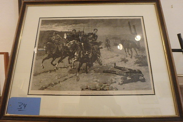 lot 34 image: Shot on Pickett, from remington sketch, wood engraving, 29 X 23