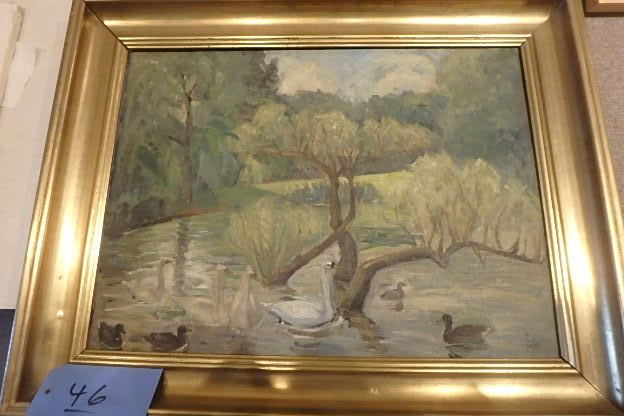 lot 46 image: Swans, Oil on Canvas