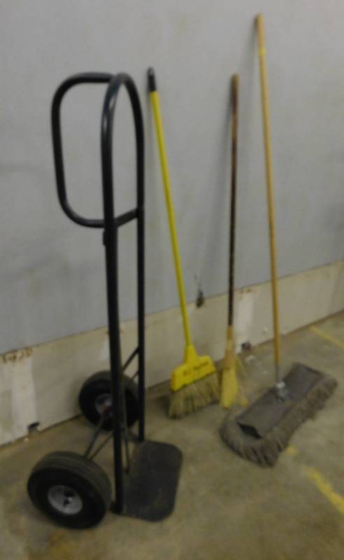 Misc. Lot of Brooms & Two Wheel Cart