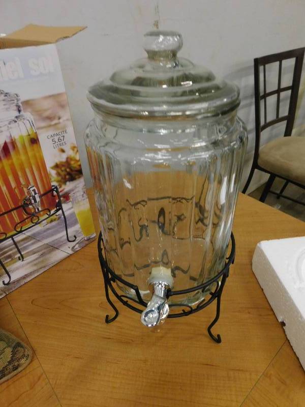 Two Throw Pillows & Glass Water Dispenser
