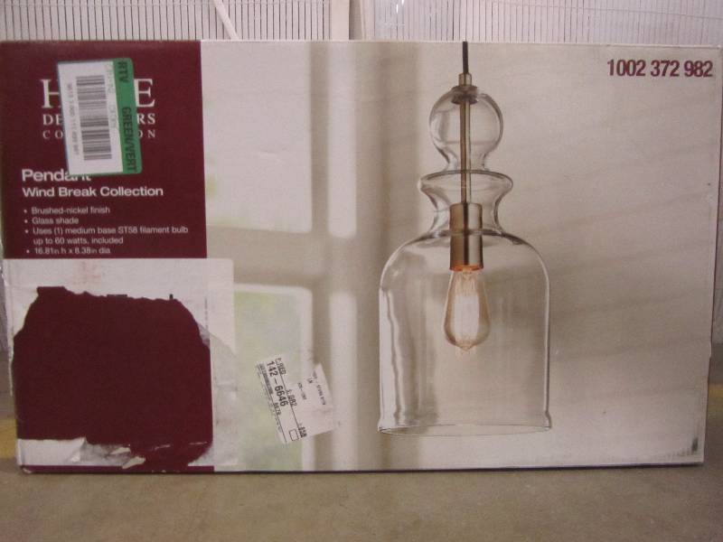 lot 31 image: Home Decorators Collection 7942HDC 1-Light Brushed Nickel Pendant with Clear Glass Shade