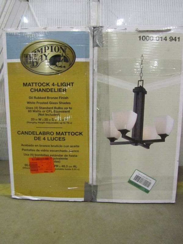 lot 32 image: Hampton Bay Mattock 4-Light Oil Rubbed Bronze Chandelier