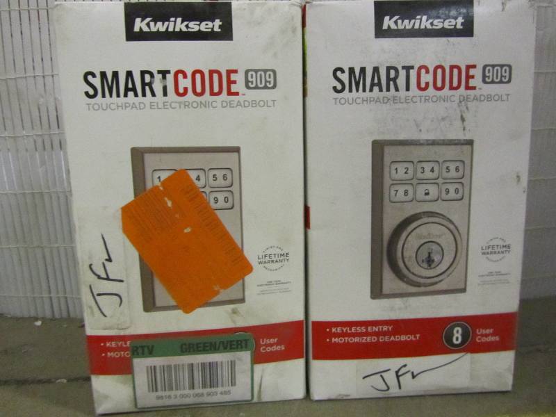 lot 88 image: Kwikset SmartCode 909 Contemporary Satin Nickel Single Cylinder Electronic Deadbolt featuring SmartKey (x2)